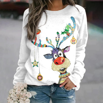 Elegant Long Sleeve Animal Printed Sweatshirt White