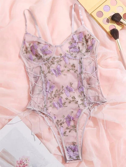 Embroidered Mesh Lace Up Teddy Bodysuit
