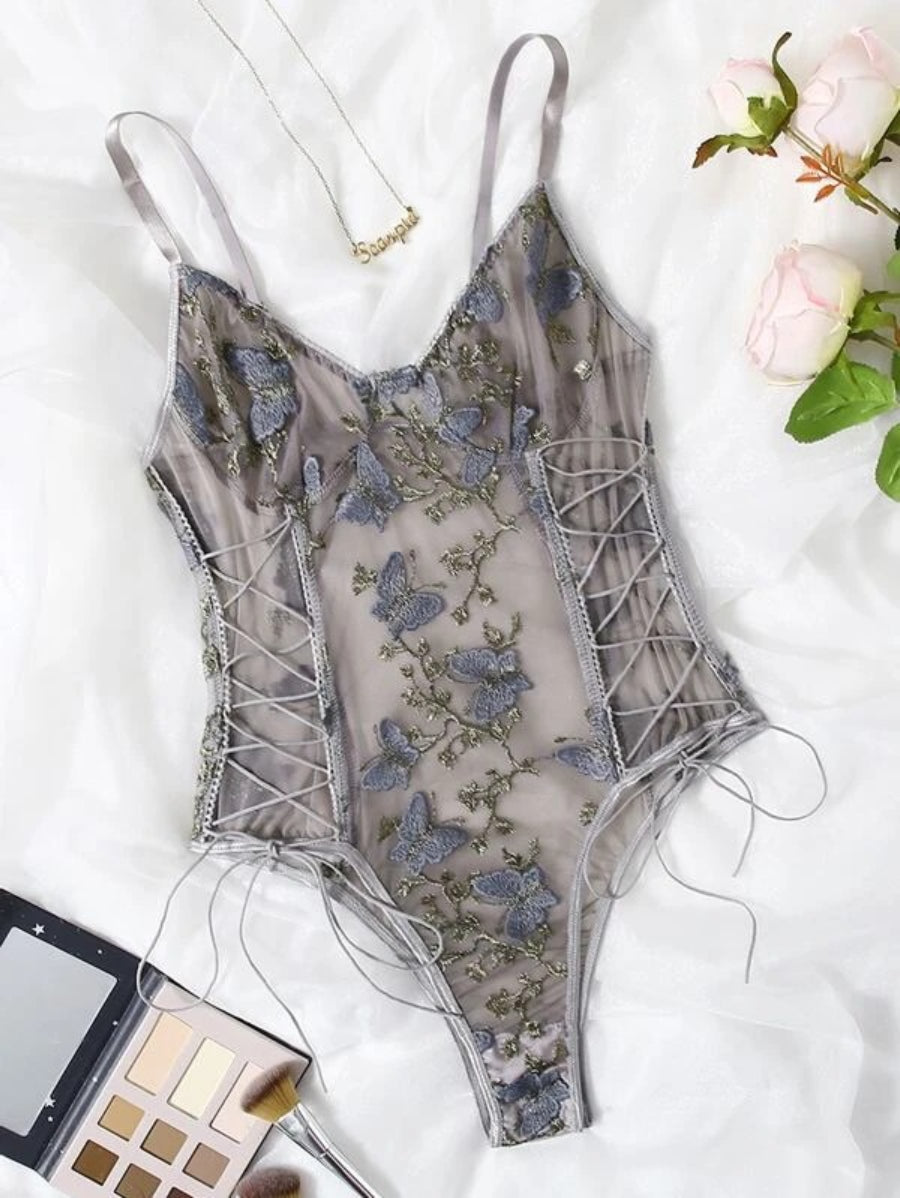 Embroidered Mesh Lace Up Teddy Bodysuit