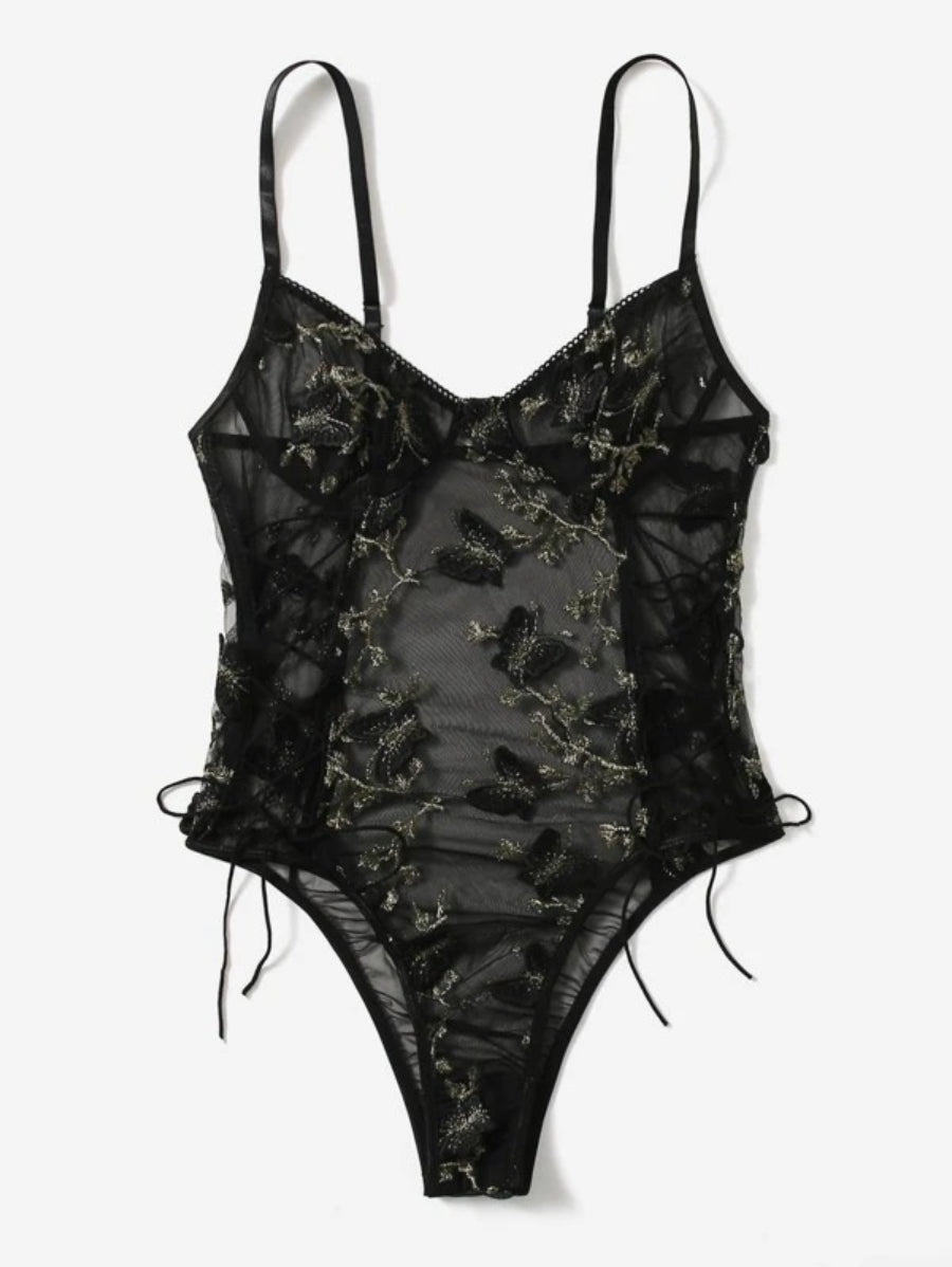 Embroidered Mesh Lace Up Teddy Bodysuit Black