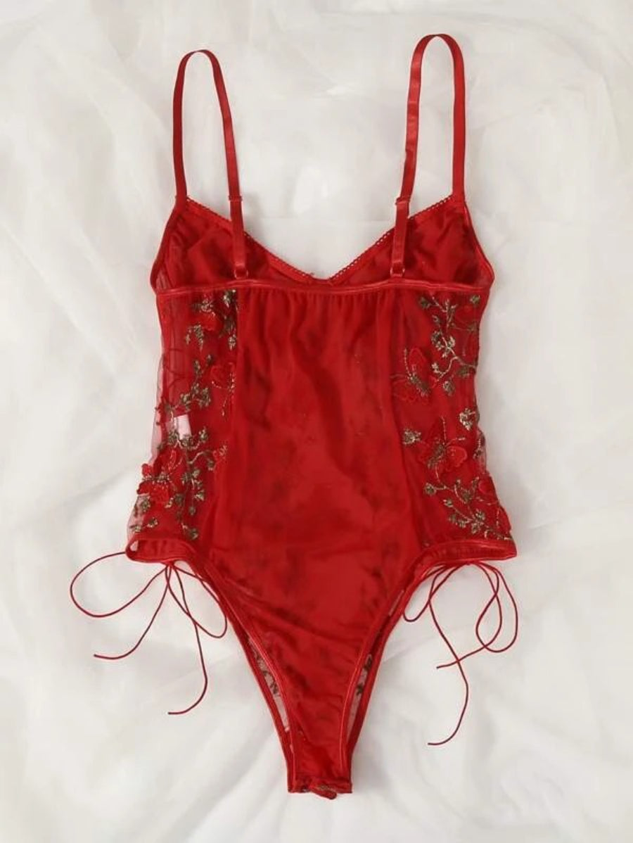 Embroidered Mesh Lace Up Teddy Bodysuit