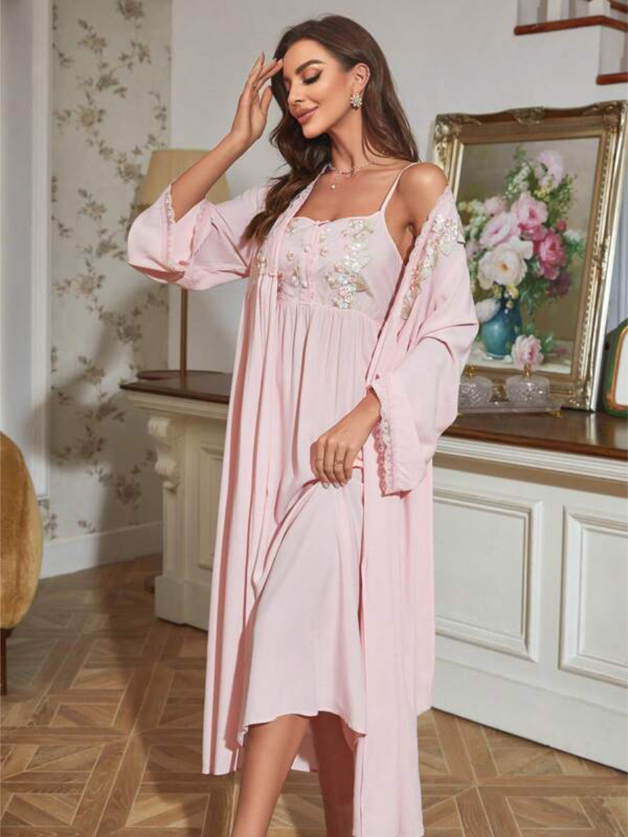 Embroidery Flounce Sleeve Robe And Cami Dress Set