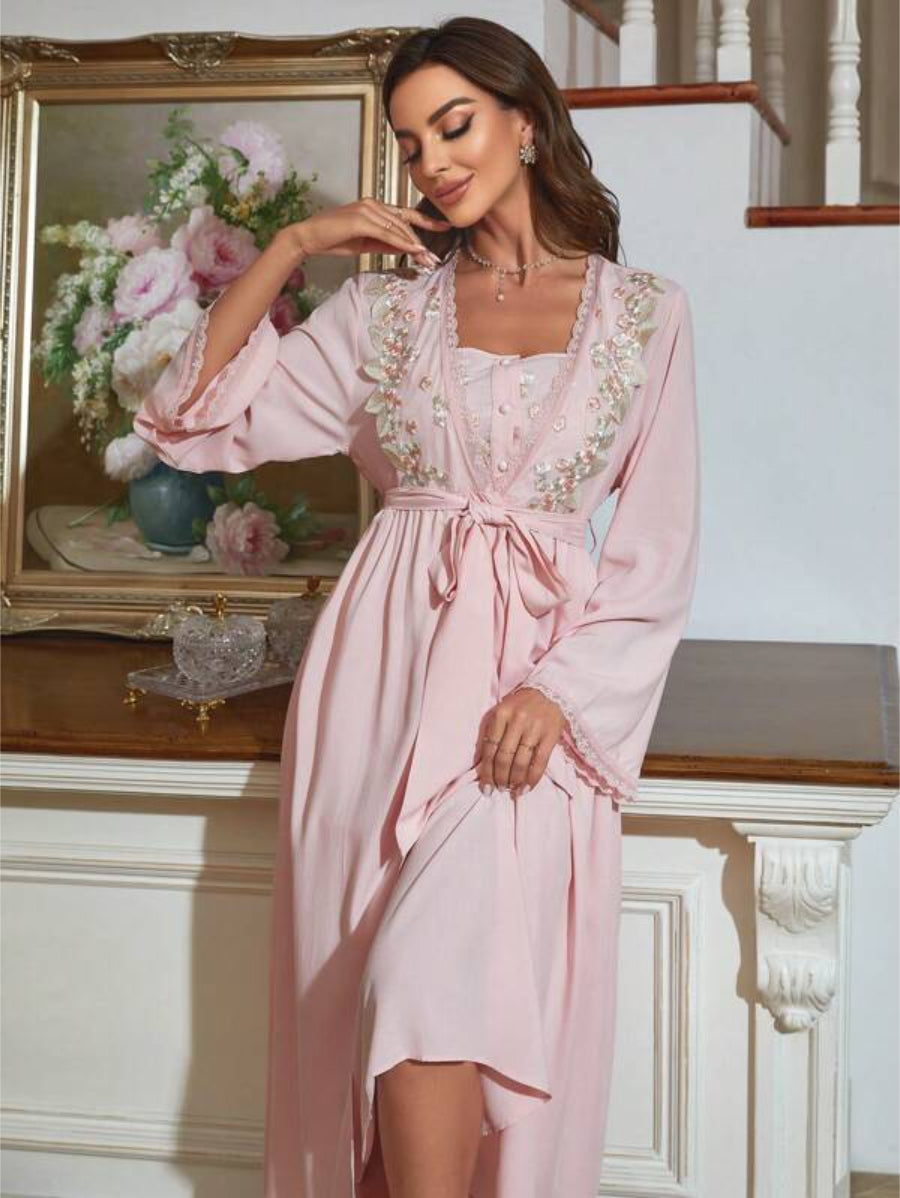 Embroidery Flounce Sleeve Robe And Cami Dress Set