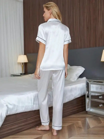 Embroidery Letter Contrast Binding Satin Pajama Set