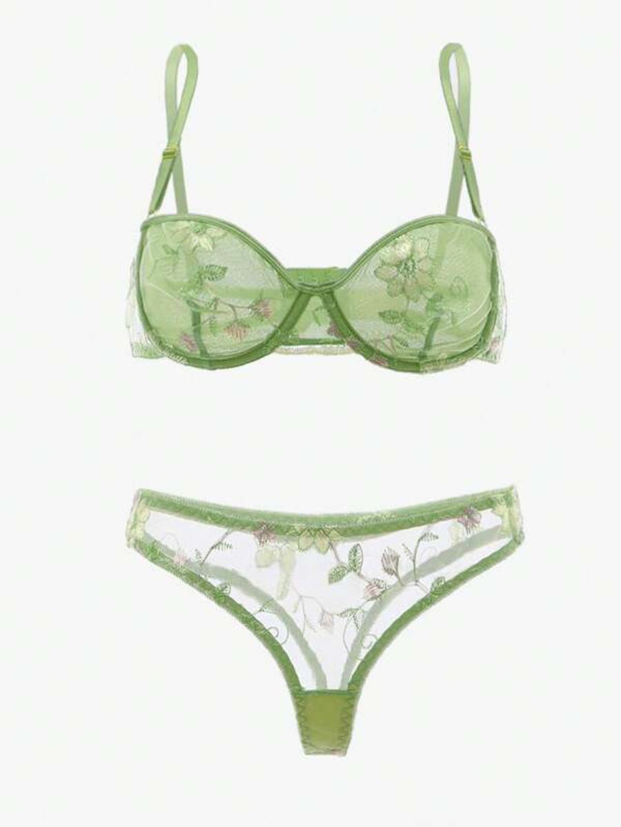 Embroidery Mesh Design Underwire Lingerie Set