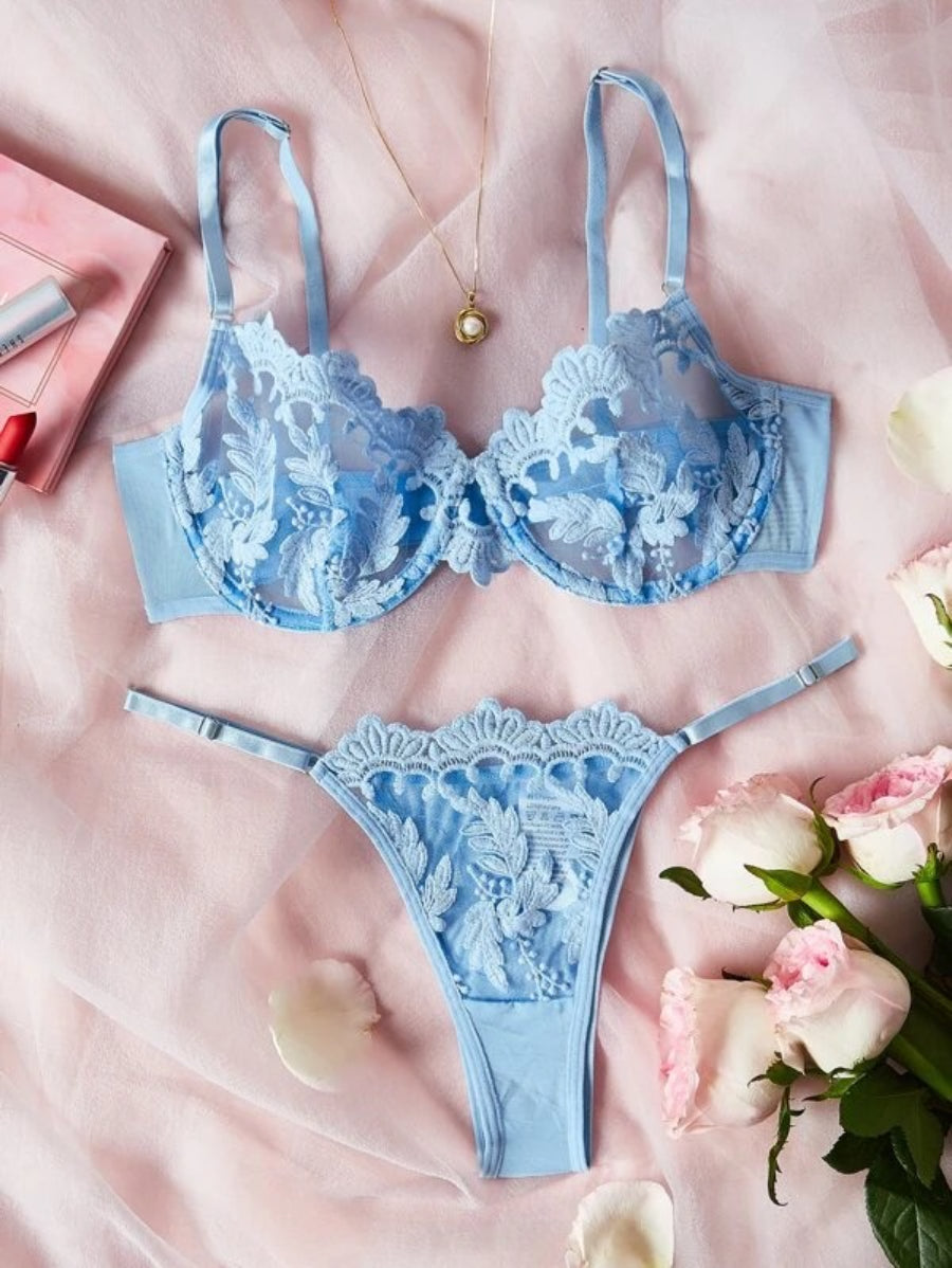 Embroidery Sheer Mesh Underwire Lingerie Set Blue