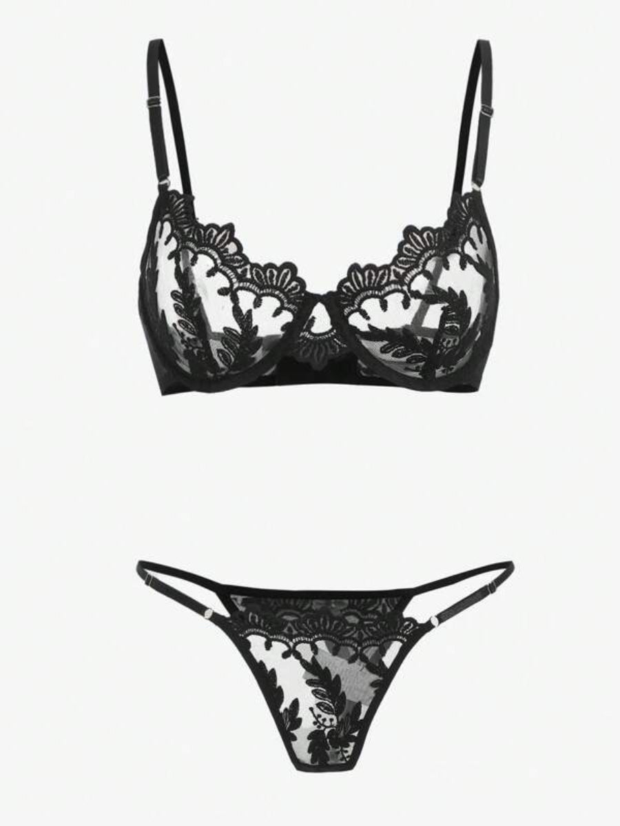 Embroidery Sheer Mesh Underwire Lingerie Set