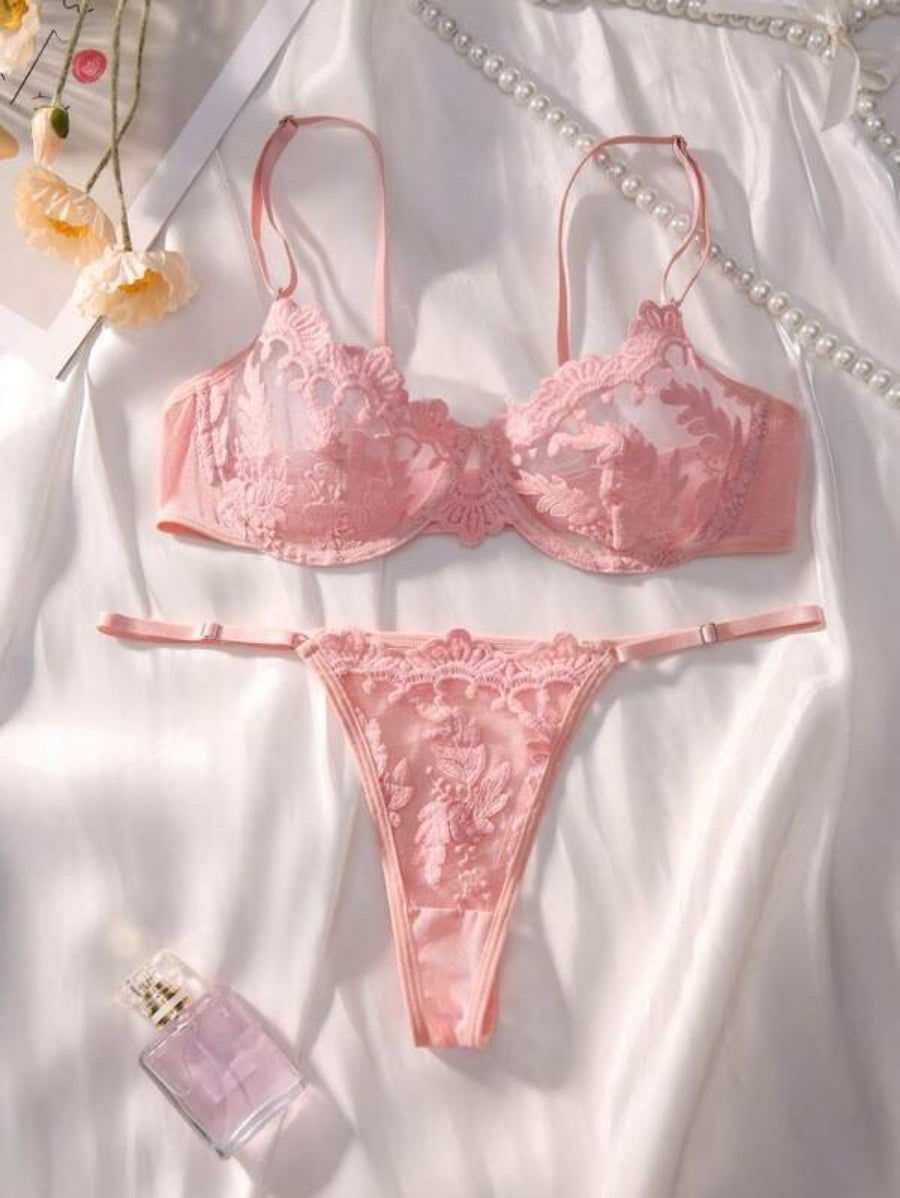 Embroidery Sheer Mesh Underwire Lingerie Set Pink