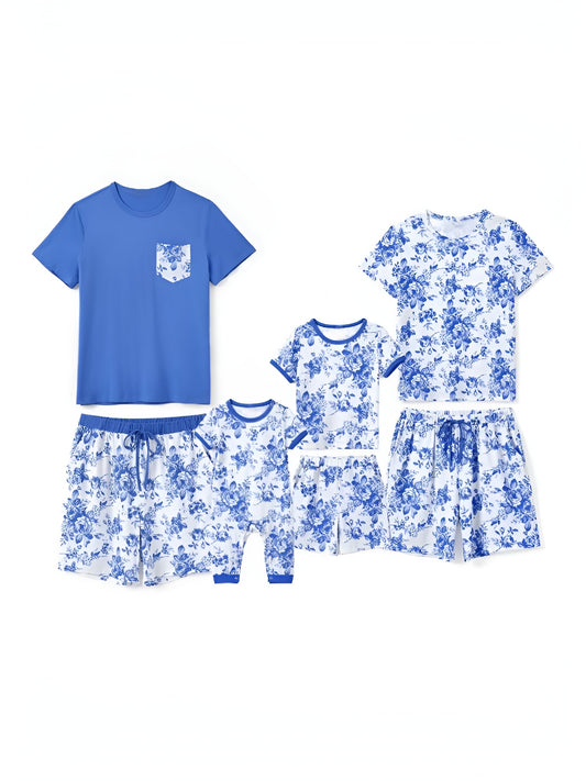 Family Matching Blue Floral Shorts Set With Drawstrings Baby 3M