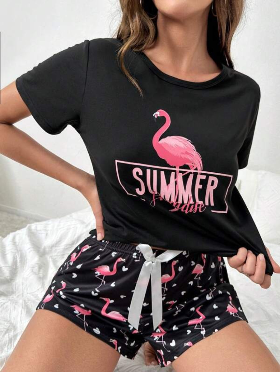 Flamingo And Letter Graphic Tee And Shorts Set