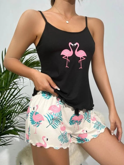 Flamingo Print Lettuce Trim Cami Top And Shorts Set