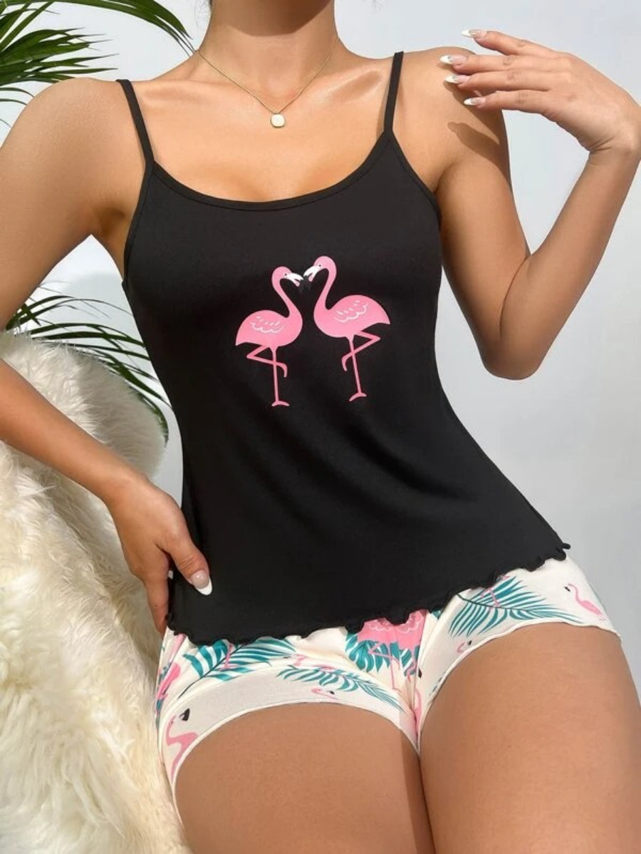 Flamingo Print Lettuce Trim Cami Top And Shorts Set