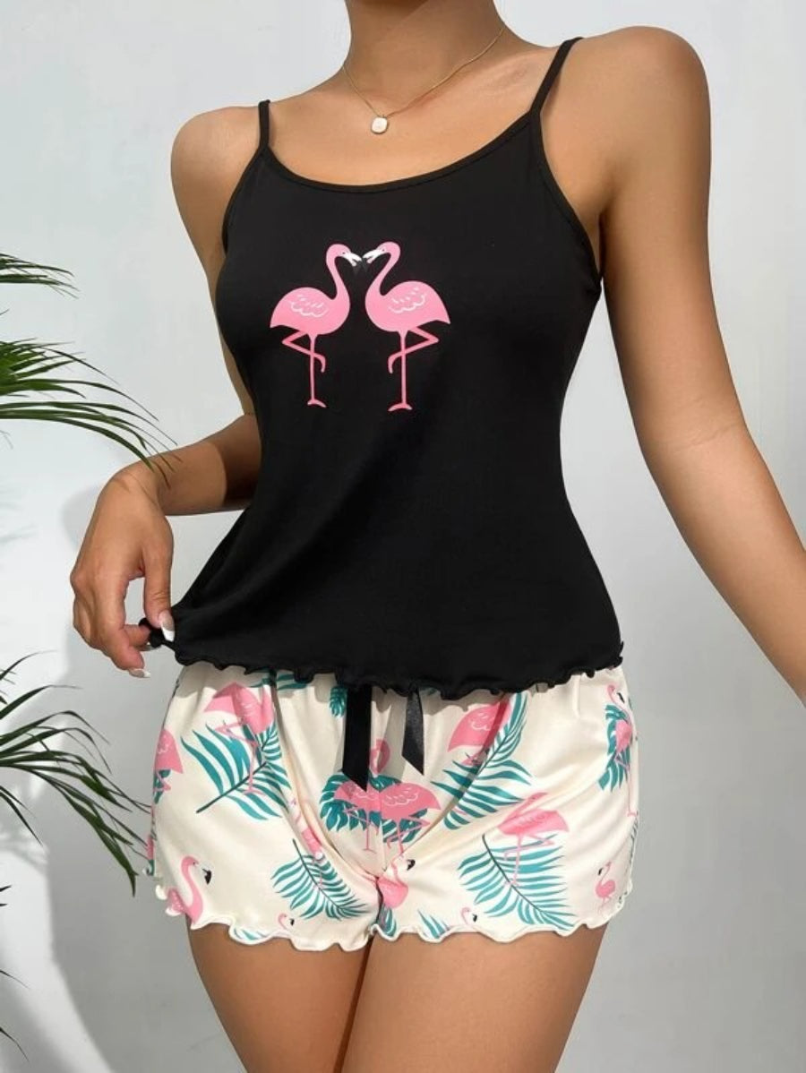Flamingo Print Lettuce Trim Cami Top And Shorts Set
