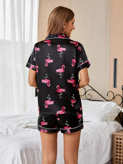 Flamingo Print Satin Pajama Set
