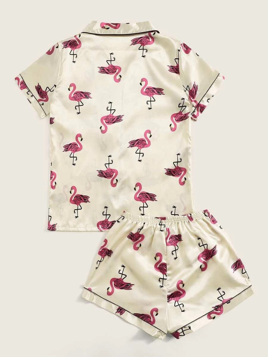 Flamingo Print Satin Pajama Set