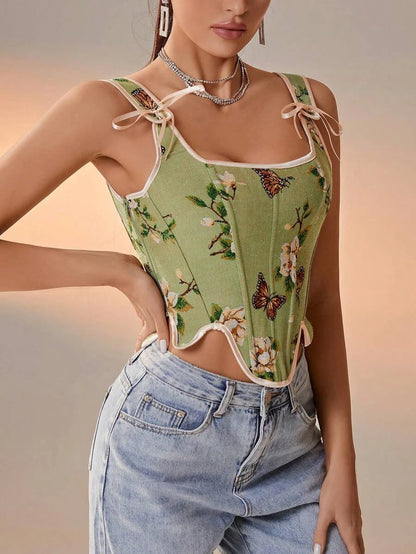 Floral And Butterfly Print Lace Up Corset Top