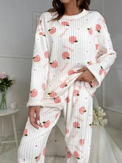 Letter And Peach Pattern Flannelette Pajama Set