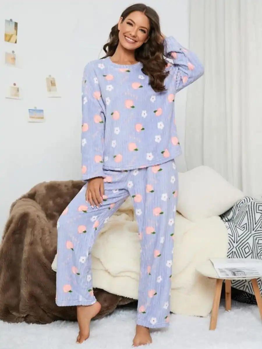 Floral And Peach Pattern Flannelette Pajama Set
