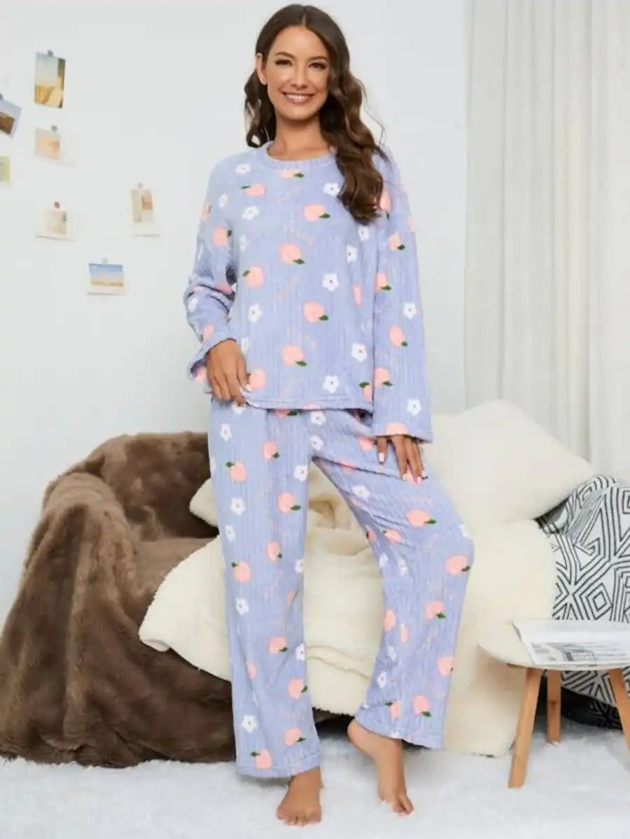 Floral And Peach Pattern Flannelette Pajama Set