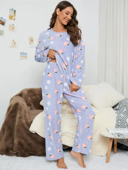 Floral And Peach Pattern Flannelette Pajama Set