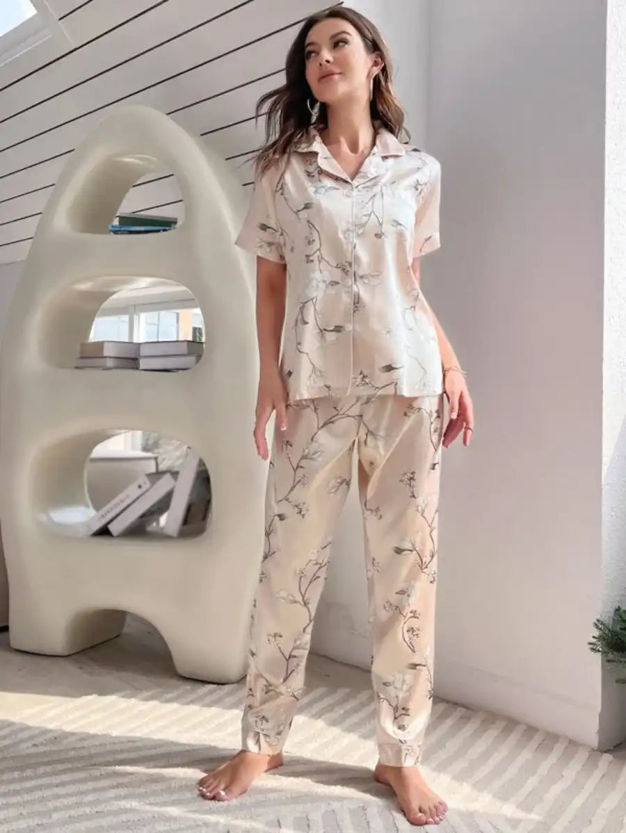 Floral Contrast Piping Satin Blouse And Pants Pajama Set