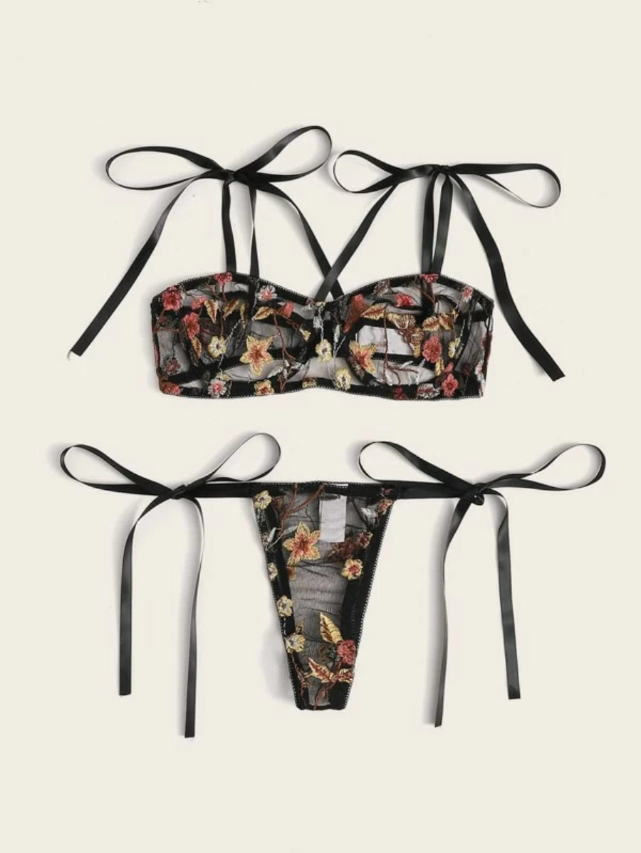 Floral Embroidery Bra And Side Tie Thong