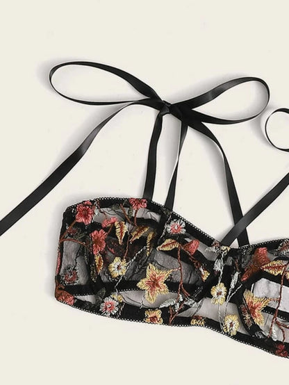 Floral Embroidery Bra And Side Tie Thong