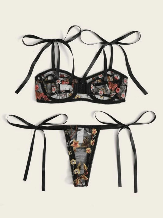 Floral Embroidery Bra And Side Tie Thong