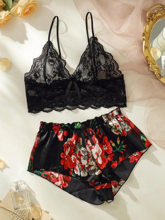 Floral Lace Bralette With Floral Shorts