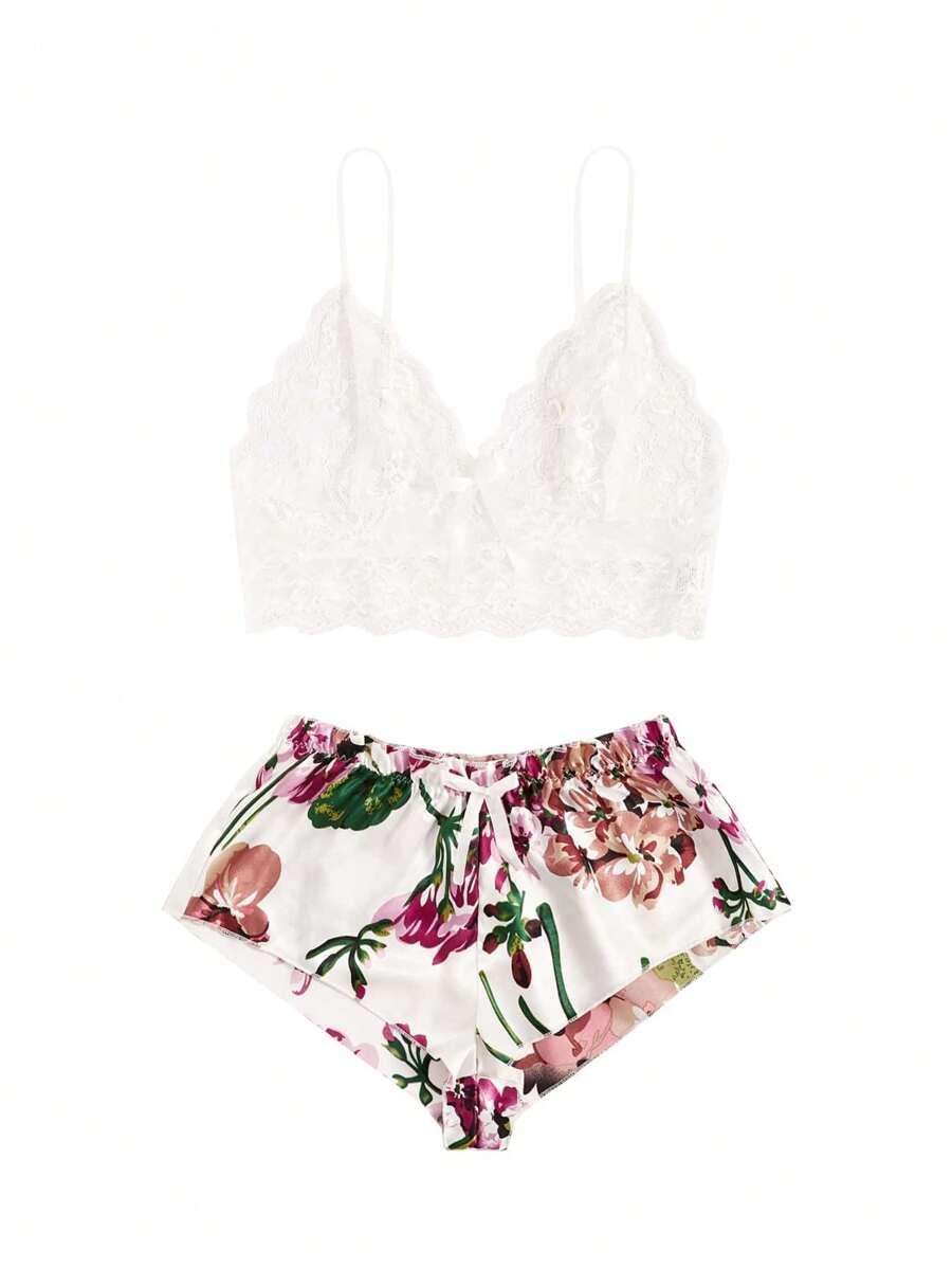 Floral Lace Bralette With Floral Shorts