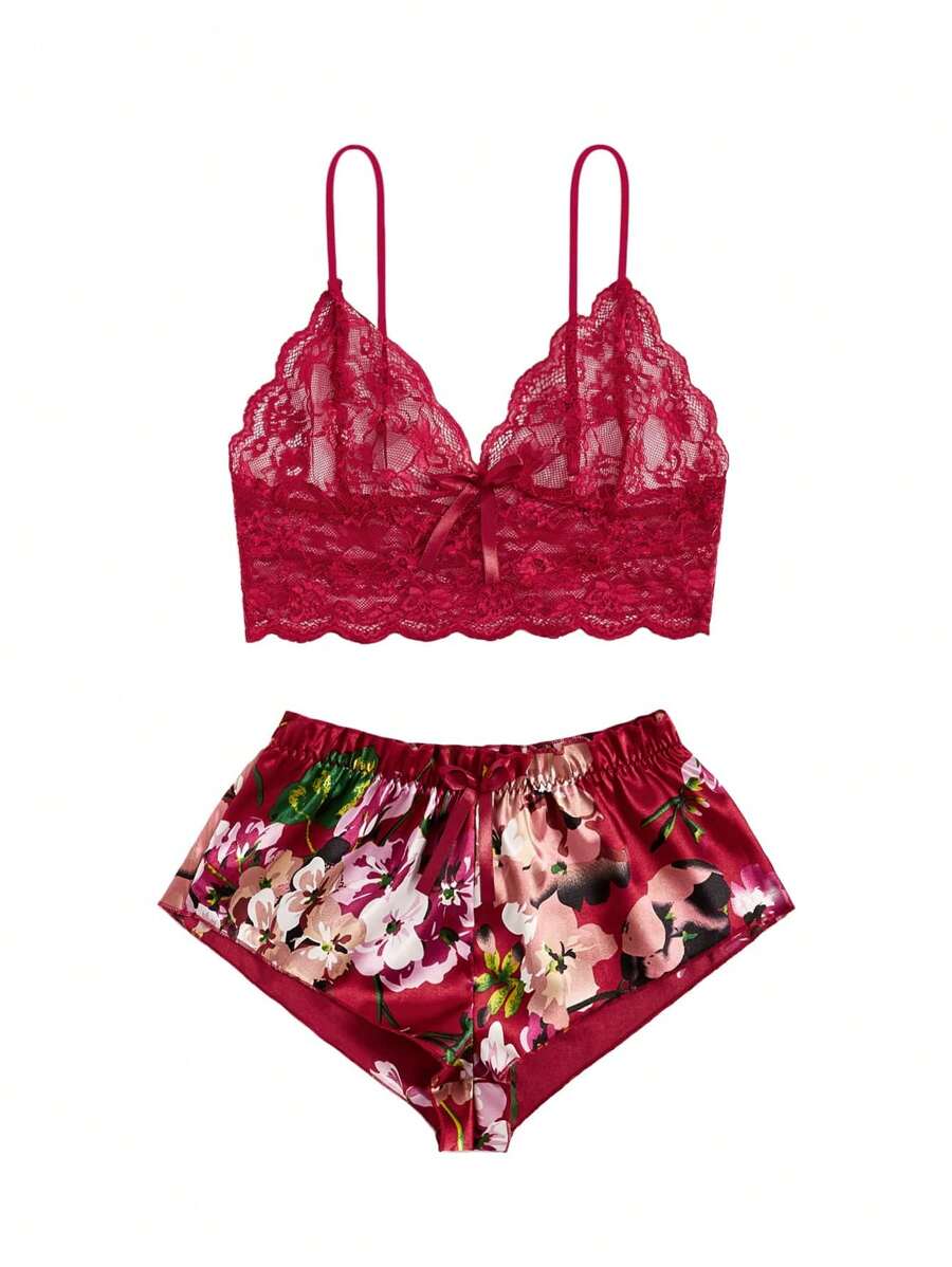 Floral Lace Bralette With Floral Shorts Maroon