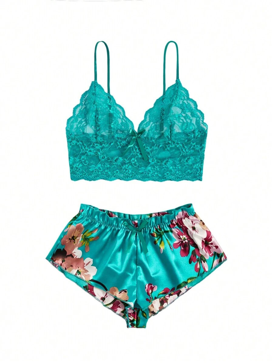 Floral Lace Bralette With Floral Shorts Green