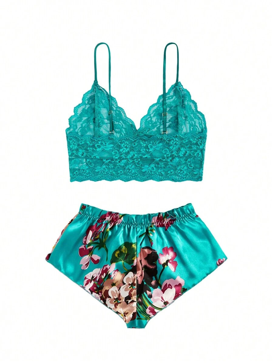 Floral Lace Bralette With Floral Shorts