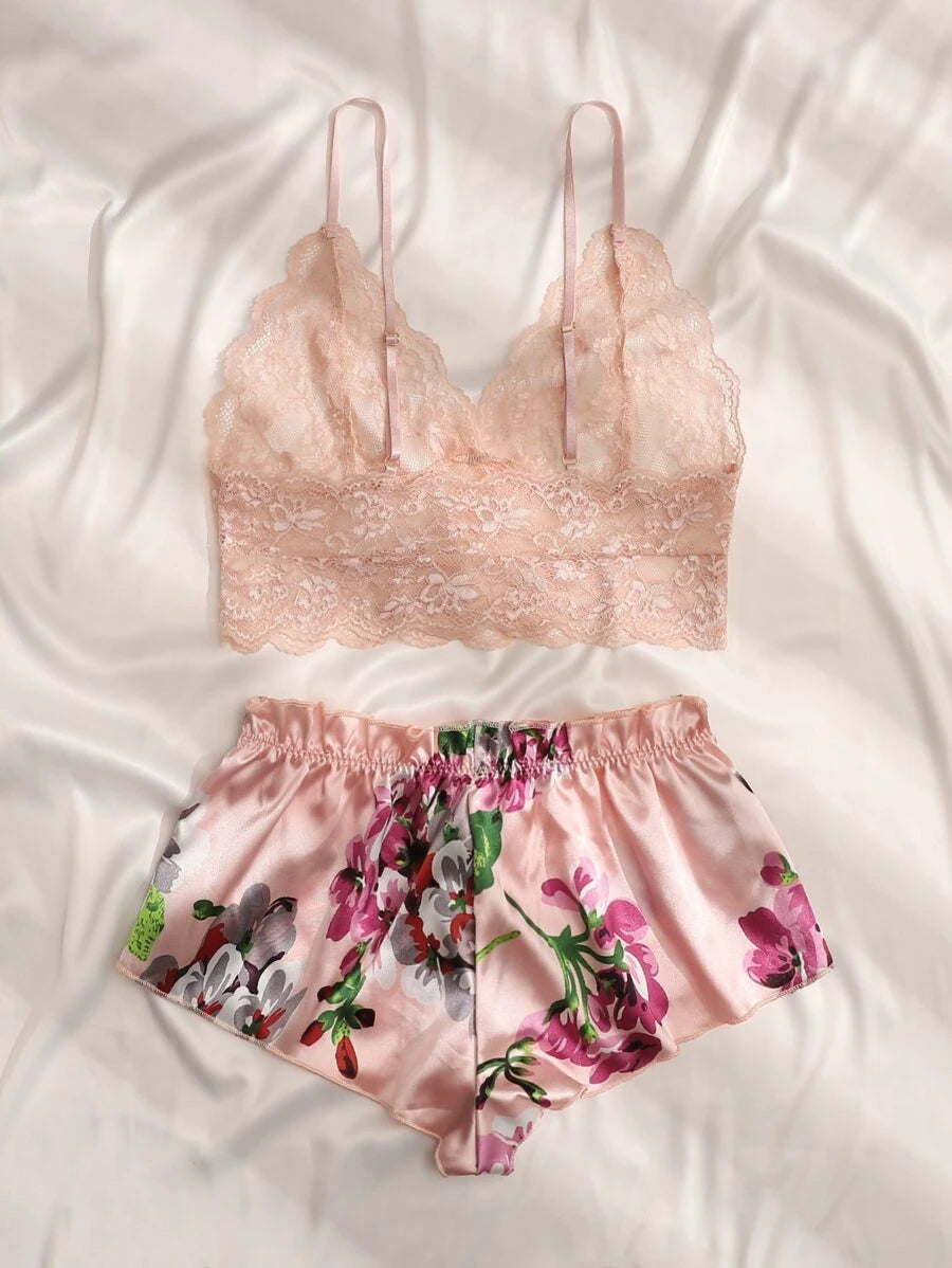 Floral Lace Bralette With Floral Shorts Pink