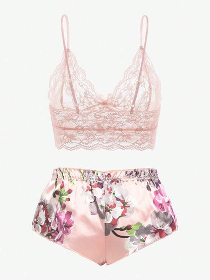 Floral Lace Bralette With Floral Shorts