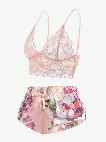 Floral Lace Bralette With Floral Shorts