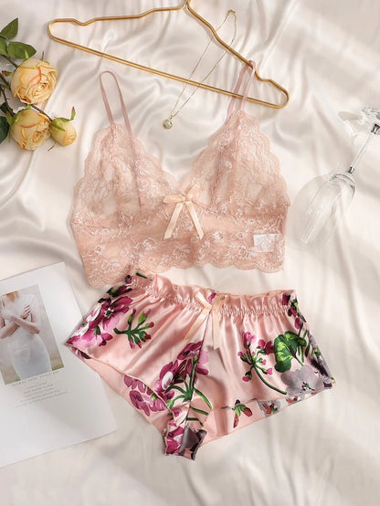 Floral Lace Bralette With Floral Shorts