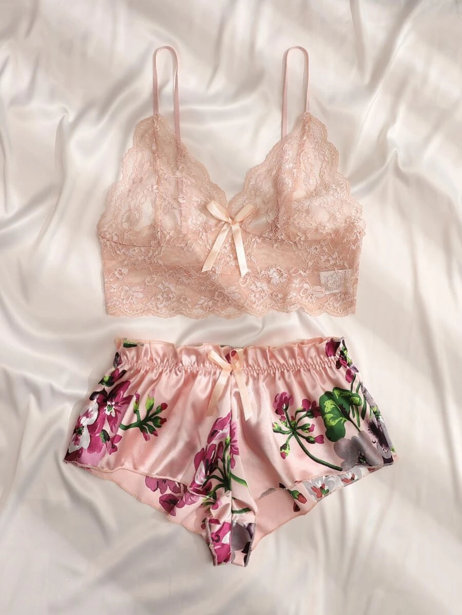 Floral Lace Bralette With Floral Shorts