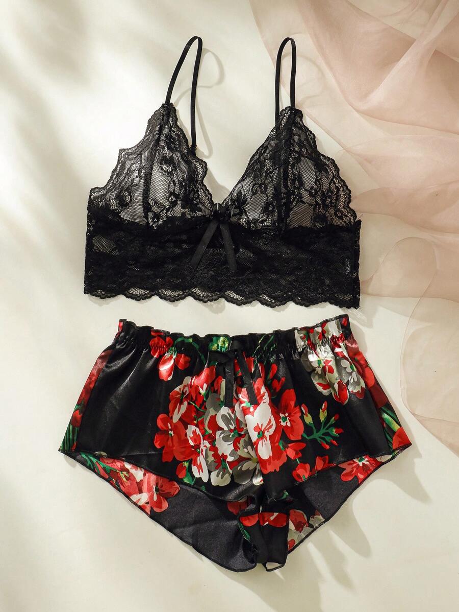 Floral Lace Bralette With Floral Shorts