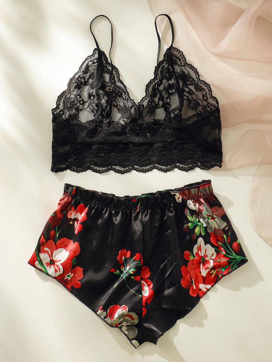 Floral Lace Bralette With Floral Shorts