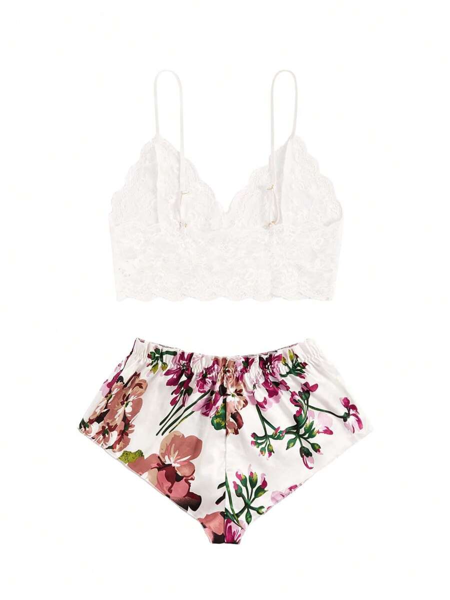 Floral Lace Bralette With Floral Shorts White