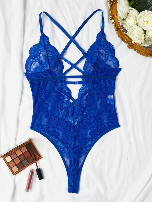 Floral Lace Criss Cross Plunging Teddy Bodysuit Blue