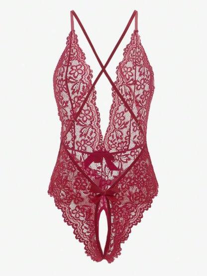 Floral Lace Crotchless Teddy Bodysuit Maroon