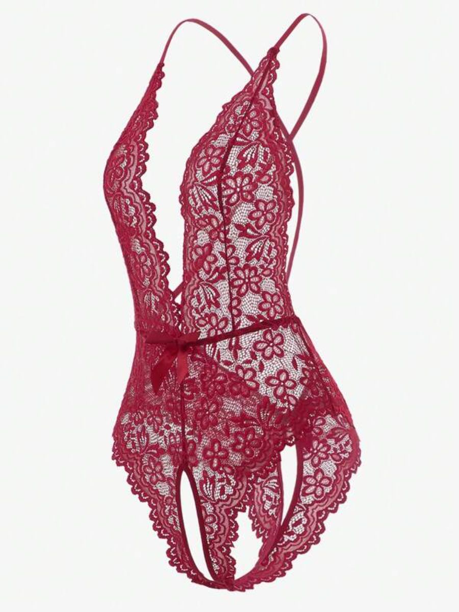 Floral Lace Crotchless Teddy Bodysuit