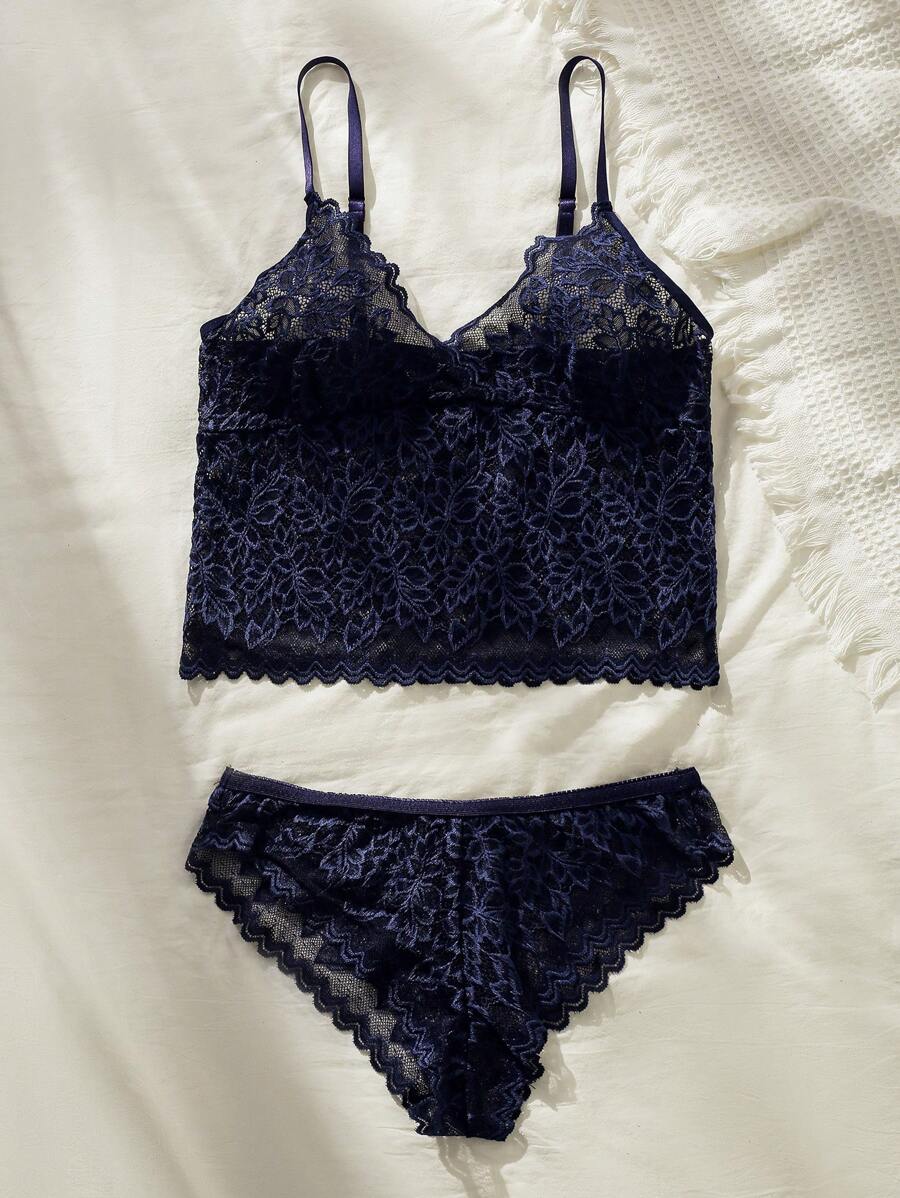 Floral Lace Longline Lingerie Set Blue