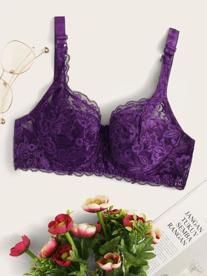 Floral Lace Pattern Underwire Bra Purple