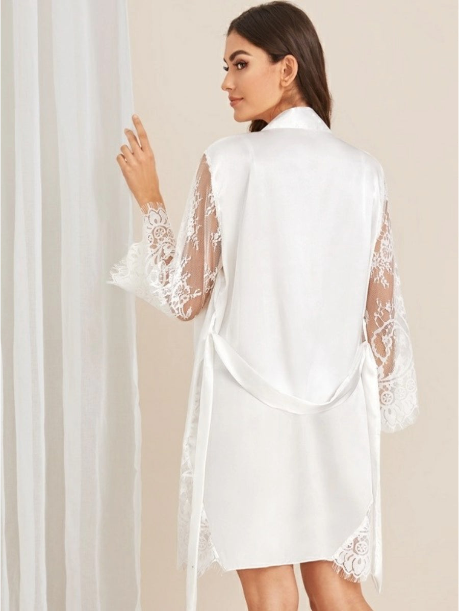 Floral Lace Satin Belted Robe