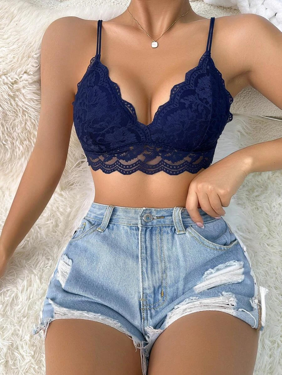 Floral Lace Scallop Trim Bralette Dark Blue