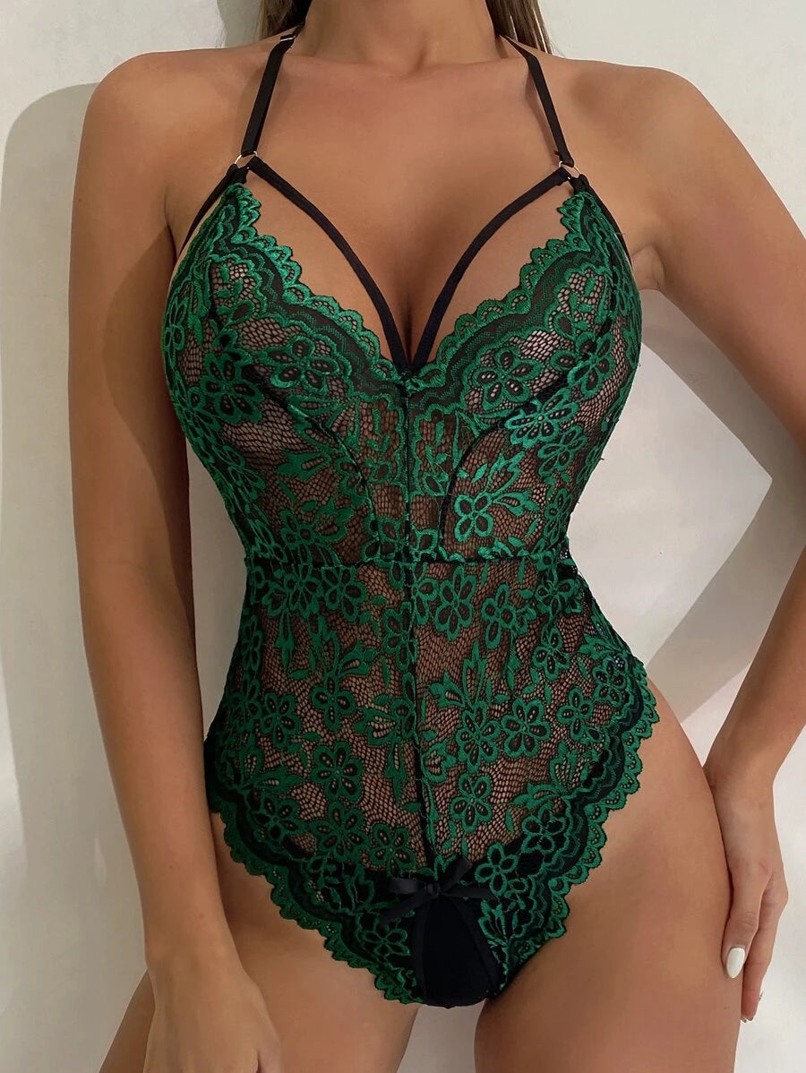 Floral Lace Scalloped Crotchless Teddy Bodysuit
