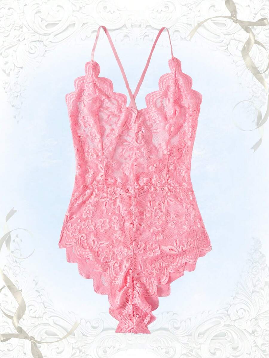 Floral Lace Teddy Bodysuit Pink